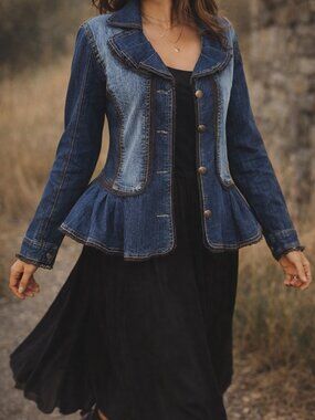 The Pyramid Collection Whimsigoth Denim Peplum Jacket Witchy Lace L